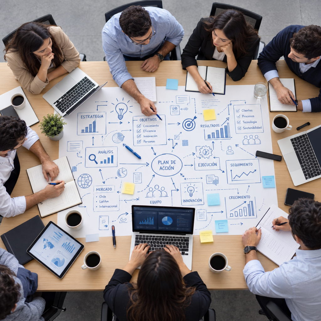 Profesional revisando un diagrama de procesos en su computador portátil