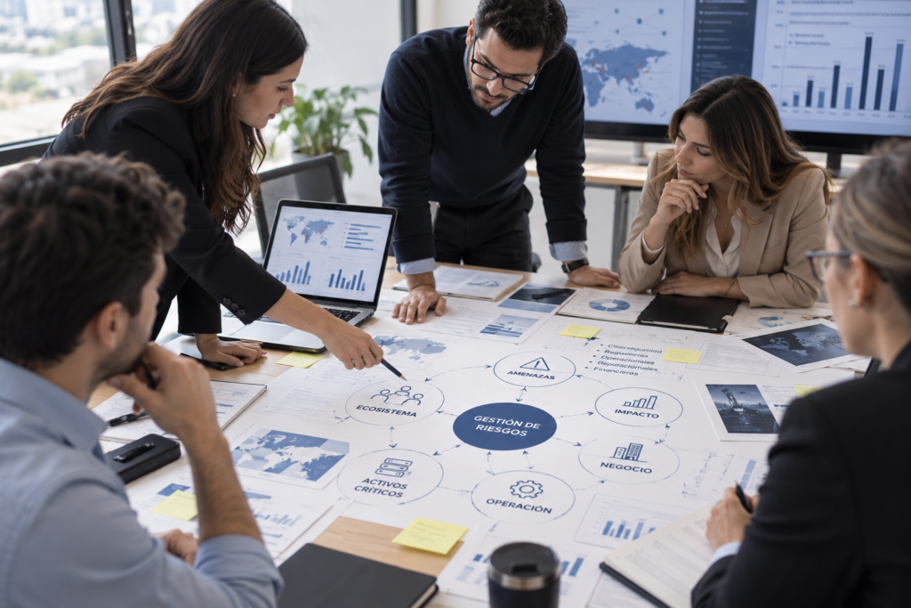 Equipo de trabajo analizando un diagrama de gestión de riesgos